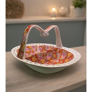 Jay & Sons Ceramic Basket Divided  w/ Handle Red White Floral Gold Rim
